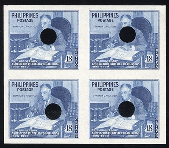 PHILIPPINES (542-44P) 1950 Roosevelt, imperf. and gummed blocks of four, each stamp with gum and security punch, v.f.