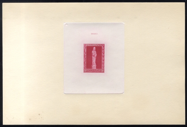 PHILIPPINES (632-33P) 1956 Statue of Christ, set of two large die proofs, also master die (value tablet blank), all die sunk on full cards, v.f.