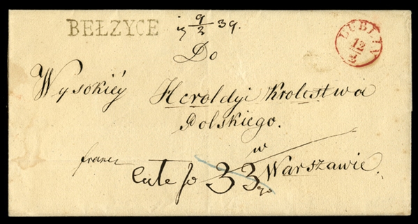 POLAND 1839 outer FL addressed to Warszawa, with red Lublin 12/2 at upper right, also straight line BELZYCE, fine