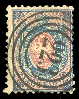 POLAND (1) 1860 10k deep carmine & dark blue, canceled "223" (Kolo) in concentric rings, usual centering, small flaws, fine appearance