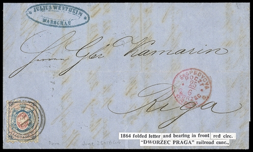 POLAND (1) 1860 10k blue & rose, bright colors, well centered example, tied by "D.P." (Dworzec Praga) in concentric circles on complete FL sent 25 May 1864 from Warsaw to Riga, red "Ekspedycya...
