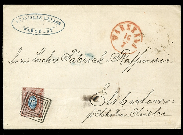 POLAND 1868 (17 July) FL from Warszawa to Elzbietow, franked with Russia 10k brown & blue (horizontally laid paper), tied by "1" numeral with curled bottom in squared, red departure pmk at...