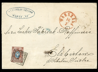 POLAND 1868 (17 July) FL from Warszawa to Elzbietow, franked with Russia 10k brown & blue (horizontally laid paper), tied by "1" numeral with curled bottom in squared, red departure pmk at...