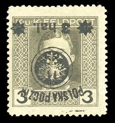POLAND (30a) 1918 3hal on 3h olive gray, inverted surcharge, l.h., fresh and fine example of this rarity, signed Mikstein, also Dr.Kronenberg, with his 2000 certificate (Fi.20No,16,000zl) cat. $3,900