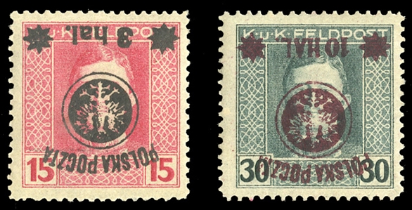 POLAND (31a,32bvar) 1919 3h on 15h rose, also 10h on 30h, lilac brown, each with surcharge inverted, the former n.h., signed Schmutz, latter h.r., fresh, v.f., with 2000 Dr.Kronenberg certificate