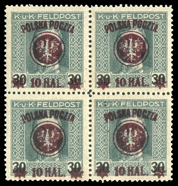 POLAND (32b) 1919 10h lilac brown surcharge on 30h green (error), block of four each, n.h., v.f., with 2004 Mikulski certificate
