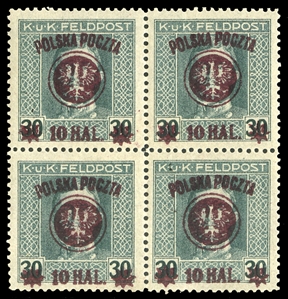 POLAND (32b) 1919 10h lilac brown surcharge on 30h green (error), block of four each, n.h., v.f., with 2004 Mikulski certificate