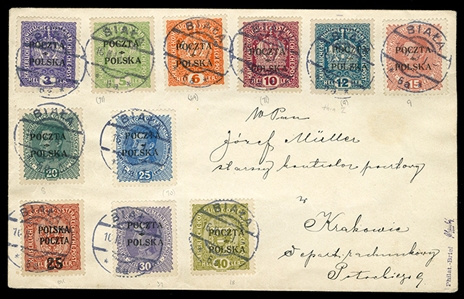 POLAND (41-46,56-60) 1919 3h-40h, eleven different, including 25h on 80h orange brown, canceled by "Biala 16.II.19" cds on a philatelic cover addressed to Josef Muller ("Starszy kontroler poczty...