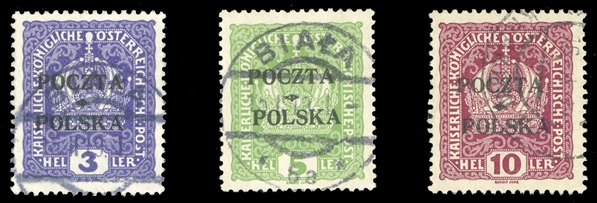 POLAND (41,42,44) 1919 3h bright violet, 5h light green, 10h magenta, three different used, last one Krakow cancel, others with "Biala" pmks, various signatures, with 1986 or 1999 Dr.Kronenberg...