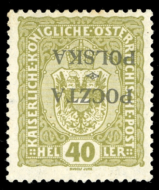 POLAND (46a) 1919 40h olive green, inverted overprint, pos.I-59, small h.r., fresh and fine stamp, signed Mikstein, Mikulski and Dr.Kronenberg, cat. $550