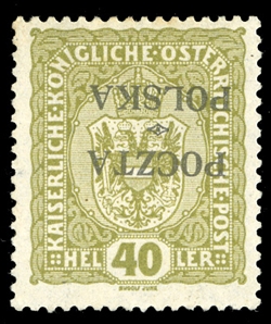 POLAND (46a) 1919 40h olive green, inverted overprint, pos.I-59, small h.r., fresh and fine stamp, signed Mikstein, Mikulski and Dr.Kronenberg, cat. $550