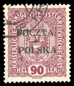 POLAND (50) 1919 90h red violet, pos. I-42, Krakow cds, v.f., signed Koopman, Polonus, etc., also Dr.Kronenberg, with his 1987 certificate, cat. $1,400