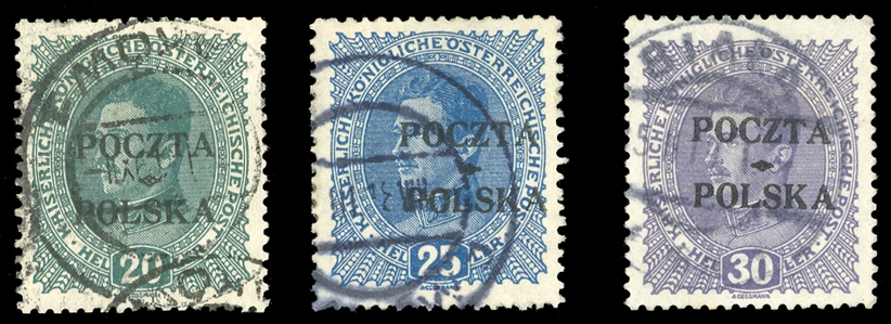 POLAND (57,58,59) 1919 20h dark green, 25h blue, 30h violet, used, Krakow and Biala pmks, v.f., signed Bomar, Mikstein, etc., also Dr.Kronenberg, with his 1987 and 1995 certificates, cat. $2,160