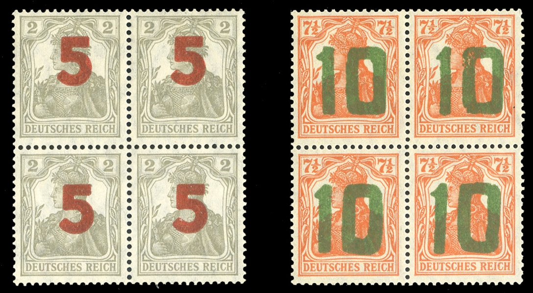 POLAND (77-78) 1919 Gniezno Issue, 5pf and 10pf surcharges, blocks of four, two sets n.h., others l.h. or h.r., fine-v.f., signed Schmutz, also Dr.Kronenberg, with his 1997 certificate...