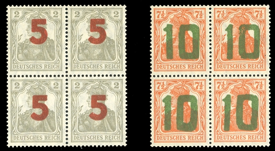 POLAND (77-78) 1919 Gniezno Issue, 5pf and 10pf surcharges, blocks of four, two sets n.h., others l.h. or h.r., fine-v.f., signed Schmutz, also Dr.Kronenberg, with his 1997 certificate...