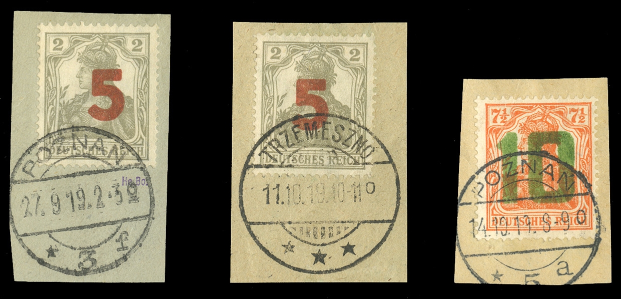 POLAND (77-78) 1919 Gniezno Issue, 5pf (2) and 10pf surcharges, canceled on pieces by Poznan and Trzemeszno pmks, fine-v.f., signed Dr.Kronenberg, etc., with his 1987 certificate for a set of...