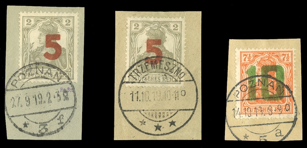 POLAND (77-78) 1919 Gniezno Issue, 5pf (2) and 10pf surcharges, canceled on pieces by Poznan and Trzemeszno pmks, fine-v.f., signed Dr.Kronenberg, etc., with his 1987 certificate for a set of...