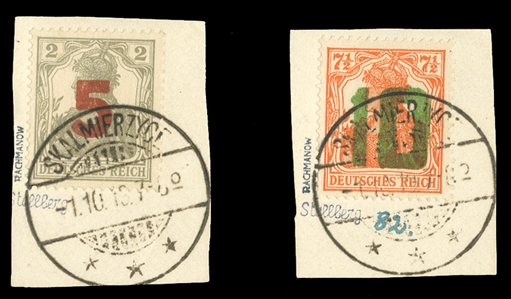POLAND (77-78) 1919 Gniezno surcharges, set of two, canceled Skalmierzyce 1.10.19 on small pieces, v.f., signed Mikstein and Korszen