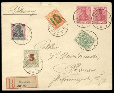 POLAND (77-78) 1919 Gniezno Issue, 5pf and 10pf surcharges, used with additional franking on registered cover from Wrzesnia (29.10.19) to Poznan, German "Wreschen" Registry label, arrival pmk...