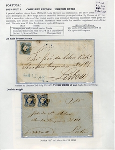 PORTUGAL (2) 1853 25r blue, used on FL from Galdas July 23, 1853 (Third week of use) to Lisbon, also 25r dark blue, horizontal pair, tied by "53" numeral grids on FL from Obidos October 24, 1853...