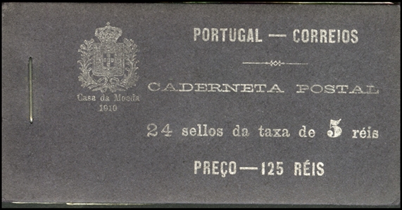 PORTUGAL (157) 1910 King Manuel II, unexploded 125 Reis booklet with four panes of 6x5r black, covers silver on black, top margins stapled at left, fresh, v.f.