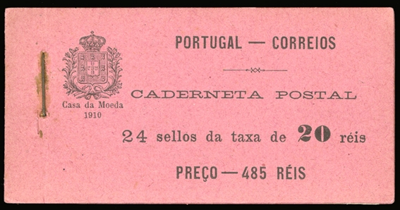 PORTUGAL (160b) 1910 King Manuel II, unexploded 485 Reis booklet with four panes of 6x20r carmine, black on carmine covers, stapled at left, fresh, fine-v.f. (Rogers 12)