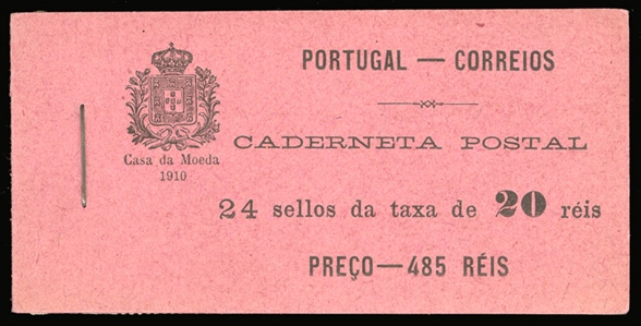 PORTUGAL (160b) 1910 King Manuel II, unexploded 485 Reis booklet with four panes of 6x20r carmine, black on carmine covers, stapled at left, slight toning and staple rust, otherwise fine (Rogers...