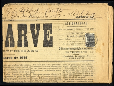 PORTUGAL (193var) 1912 "O Algarve" newspaper, franked with 1911 left half of 5r black (overprinted Republica), Lisbon endorsement, some toning, interesting usage