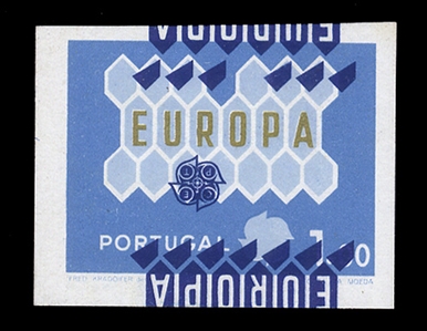 PORTUGAL (895varP) 1962 Europa, imperf. plate proof, dark blue color inverted and split to top and bottom, v.f., with regular stamp included for comparison, Alex Rendon and APS certificates (the...
