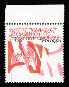 PORTUGAL (1247var) 1975 First Anniversary of the April 1974 Movement, bottom sheet margin single, 1.50r black color ("Portugal" and value) inverted and shifted (black inscription on back also...