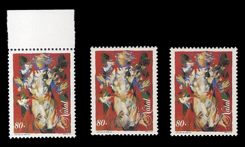 PORTUGAL (2082var) 1995 Christmas, 80c varieties, one with silver color "Portugal" inverted, also another with "Portugal" omitted, with regular stamp included for comparison, n.h., v.f., with...