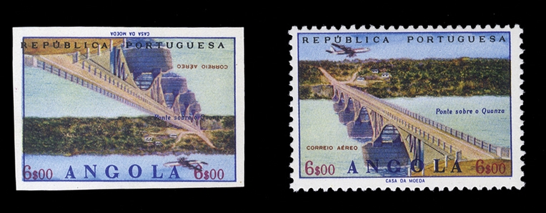 PORTUGUESE COLONIES Angola Air Post (C32P) 1965 Ponte Sobre o Quanza, 6$00 center inverted, imperf. plate proof, v.f., with 2002 Alex Rendon certificate (issued stamp included for comparison)