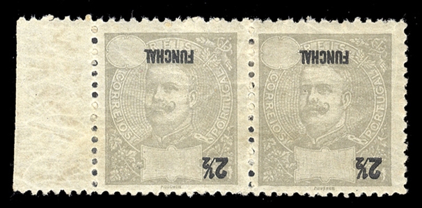 PORTUGUESE COLONIES Funchal (13var) 1897 2 1/2r gray, value and "Funchal" inverted, left margin horizontal pair, h.r., fine