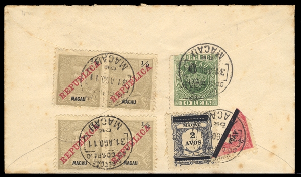 PORTUGUESE COLONIES Macao 1911 (31 Aug) registered cover with pre-printed Hong Kong address, black on red registration label, franked on back with a combination of issues incl. 4x1/2c, 2av,...