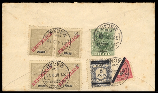 PORTUGUESE COLONIES Macao 1911 (31 Aug) registered cover with pre-printed Hong Kong address, black on red registration label, franked on back with a combination of issues incl. 4x1/2c, 2av,...
