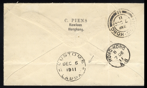 PORTUGUESE COLONIES Macao 1911 (5 Dec) cover (opened for display), franked on front with diagonal 2av bisect, tied Macau departure pmk, with Customs Lappa and Hong Kong arrival pmks on back,...