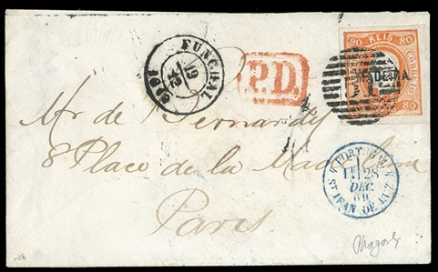 PORTUGUESE COLONIES Madeira (4) 1868 80r orange, imperforate single, large margins all around, tied by "51" numeral strike on cover to Paris, Funchal 19 December 69 departure cds alongside, red...