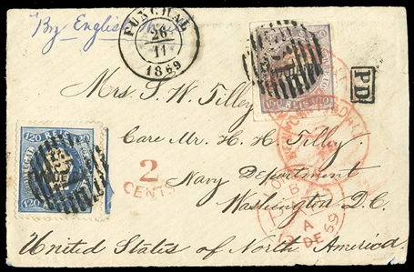 PORTUGUESE COLONIES Madeira (5,14) 1869 (26 Nov) coverfront with imperforate 100r lilac and perforated 120r dark blue, tied by grid cancels, with Funchal departure cds alongside, addressed to...