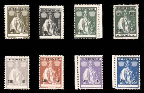 PORTUGUESE COLONIES Portuguese India (357/68var) 1913-21 Ceres, selection of eight varieties incl. 1r, 2r, 2 1/2r, 3r, 4 1/2r, 1t, 2r each with inscriptions ("India" and value) inverted, also an...