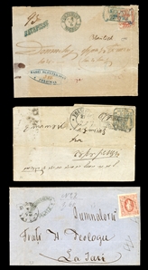 ROMANIA (10,18,24) 1859-65 three FLs, one with 80pa red on white, small flaws, tied by blue framed "Franco Fokschany" hs, with Galatz arrival, others with 30pa deep blue on white paper to...