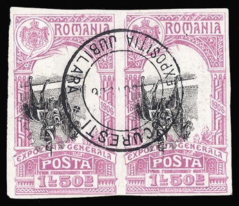 ROMANIA (204a,var) 1906 General Exposition, 1.50L King Carol I imperforate horizontal pair, center inverted, horizontal pair, Bucharest Exposition cds, v.f., scarce, with 2002 Philatelic...