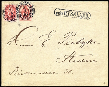 RUSSIA 1897 (21 June) cover franked with 3k and 4k carmine, cancelled by the dotted circle of "Stockholm" postmarks, also boxed "Fran.Ryssland" origin hs alongside, addressed to Stettin,...