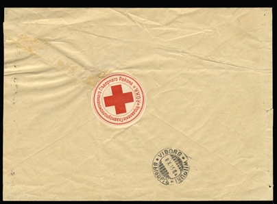 RUSSIA 1915 large cover with Red Cross label on reverse, addressed to Vyborg, with 8.X.1915 arrival pmk, very rare