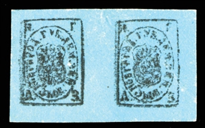 ZEMSTVO DEMYANSK (1a) 1868 3k black on blue, horizontal tete-beche pair, h.r., small thins, otherwise v.f., cat. $1200