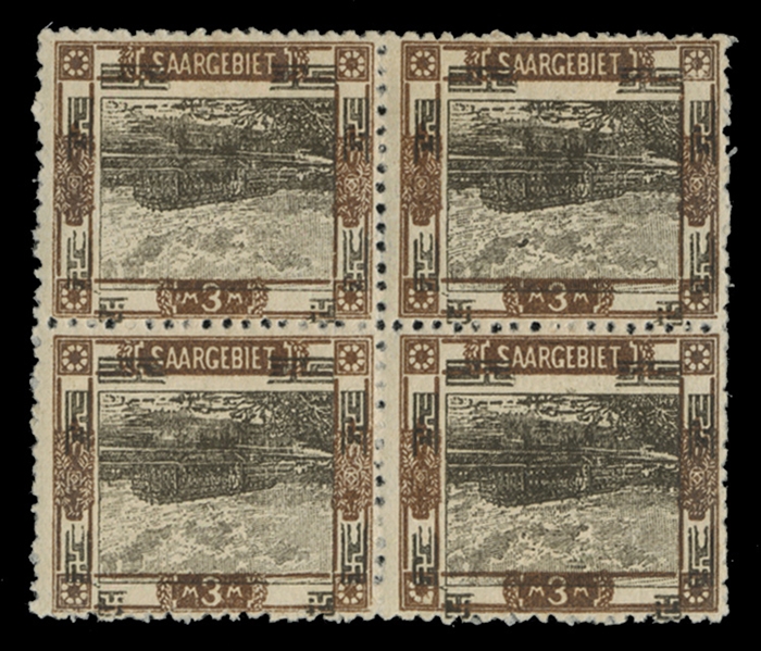 SAAR (80a) 1921 3m brown and dark olive, center inverted, block of four, fine and scarce multiple, signed Hoffmann