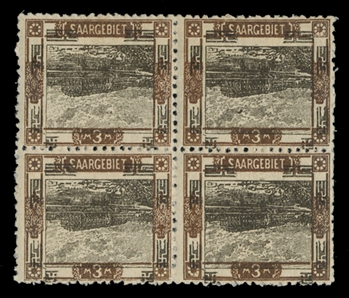 SAAR (80a) 1921 3m brown and dark olive, center inverted, block of four, fine and scarce multiple, signed Hoffmann