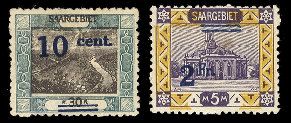 SAAR (87var,96var) 1921 10c on 30pf gray green & brown, basic stamp with frame inverted, also 2fr on 5m yellow and violet, basic stamp with yellow color inverted in frame, surcharge shifted with...
