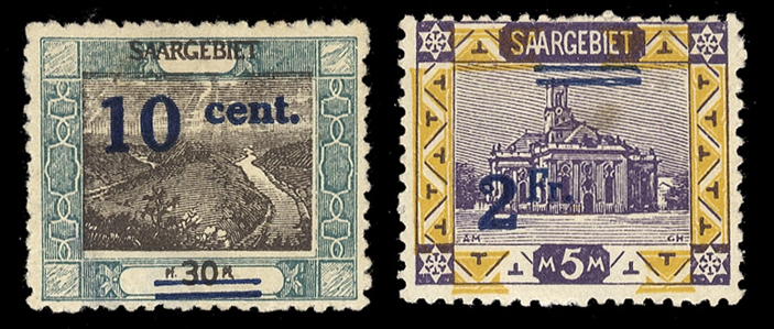 SAAR (87var,96var) 1921 10c on 30pf gray green & brown, basic stamp with frame inverted, also 2fr on 5m yellow and violet, basic stamp with yellow color inverted in frame, surcharge shifted with...