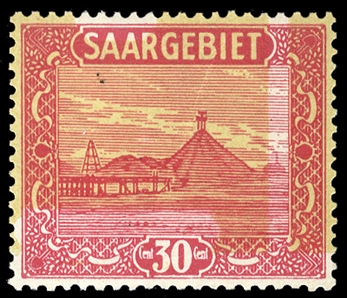 SAAR (108var) 1922 30c carmine and yellow, variety yellow background inverted, n.h., creases, otherwise fine, signed Behr, violet handstamped guarantee marks, with Kalkstein certificate, rare