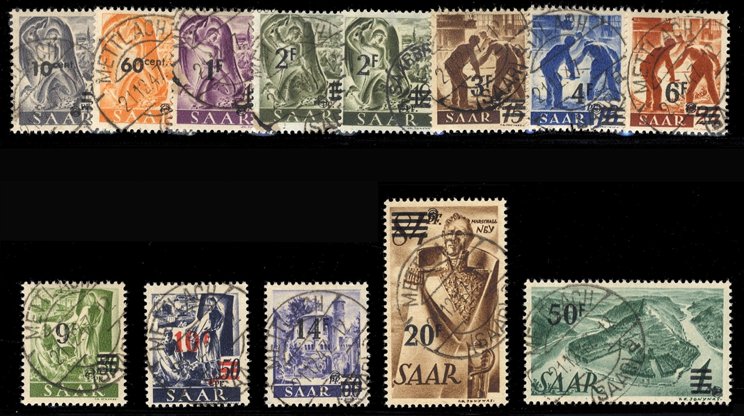 SAAR (187a-97a) 1948 Urdruck, complete set used, mostly "Mettlach 21.12.47" cds, signed "Arge Saar", fine-v.f.  It is generally acknowledged that the Mettlach cancel has been misused, hence this...